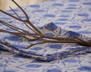 Linen dining table cloth in floral pomegranate blue print