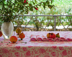 Pink table cover and napkin set in pure linen by Lotty B Mustique