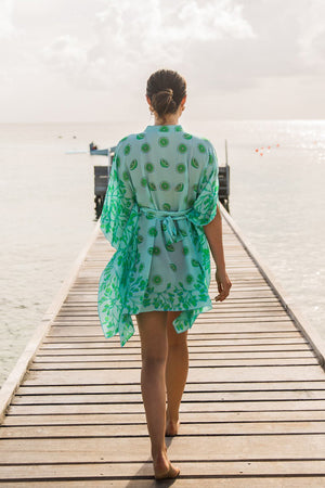 Tie in the Lotty Lime Tree kaftan with the accompanying silk belt to transform to a short tunic style dress.