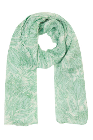 Green & white Protea print chiffon silk scarf by designer Lotty B Mustique
