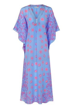 Designer silk kaftan in Lime Slice blue & pink print by Lotty B Mustique