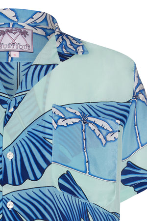 Lotty B unisex silk festival shirt in tropical Banana print in brilliant blues
