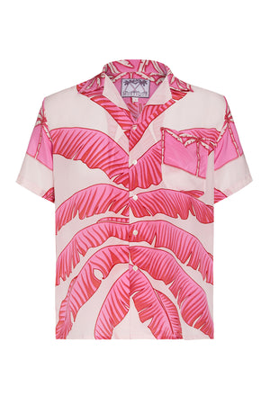 Lotty B silk festival shirt in tropical Banana print sunset pink