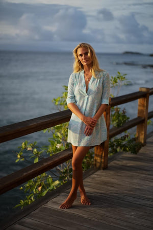 Designer silk Decima dress by Lotty B in Whale turquoise print, resort wear fashion Heron Bay Mustique
