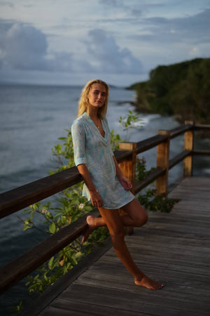 Designer silk Decima dress by Lotty B in Whale turquoise print, luxury fashion Heron Bay Mustique