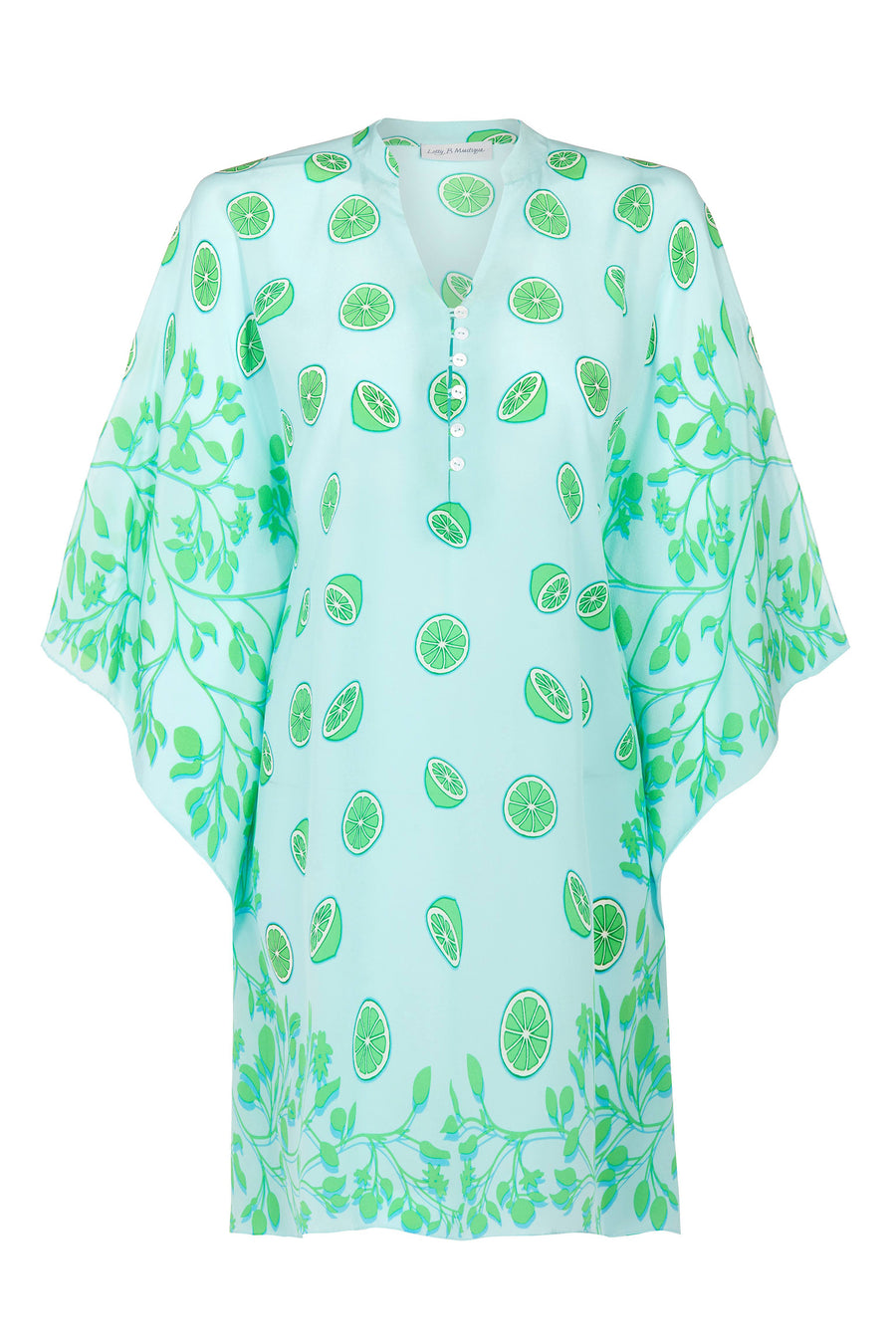 The Lime Tree  "Lotty" kaftan features a short Nehru style collar and deep V neckline fastened with an elegant line of 6 little mother of pearl buttons