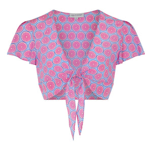 Lyla silk cropped tie-top with fluted cap sleeves by designer Lotty B Mustique