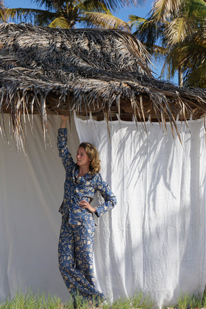 Pyjamas to die for, luxurious silk twill pomegranate print in navy and gold by Lotty B Mustique
