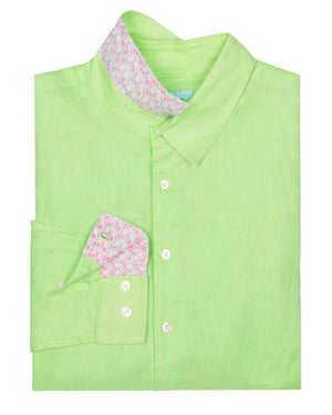 Mens Pure Linen Shirt : Pistachio Green. Designer Lotty B for Pink House Mustique