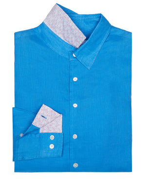 Mens designer Linen Shirt by Lotty B for Pink House Mustique in plain Turquoise Blue