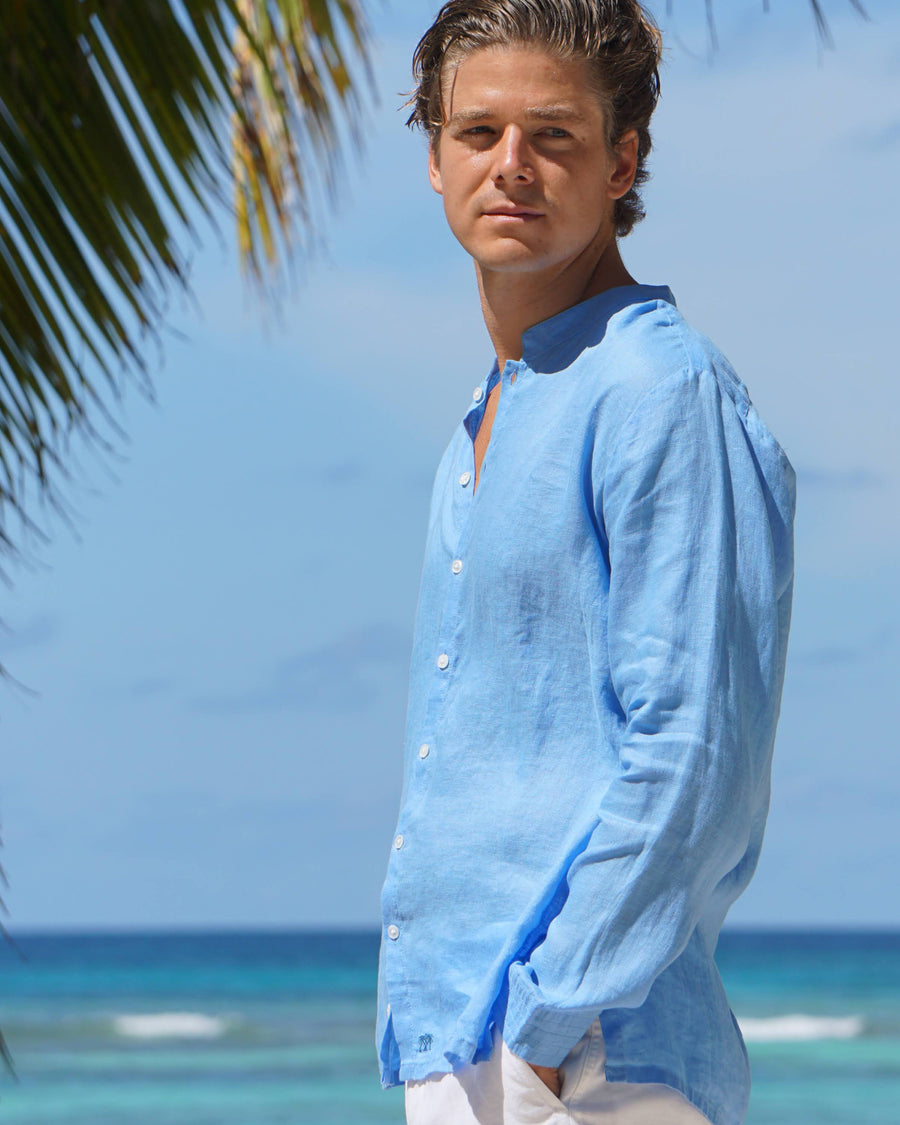 Folded Mens Collarless Linen Shirt : FRENCH BLUE. Designer Lotty B for Pink House Mustique