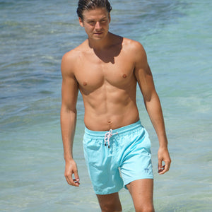 Mens quick dry swim shorts in turquoise, Pink House Mustique essential holiday buys