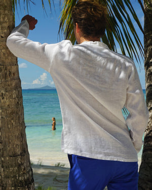 Collarless white linen casual shirt, Caribbean holiday style by Lotty B Mustique for Pink House