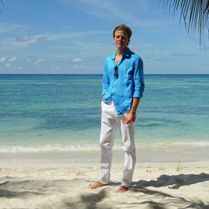 Mens Linen Trousers : CLASSIC WHITE designer Lotty B exclusive resortwear styles Pink House Mustique