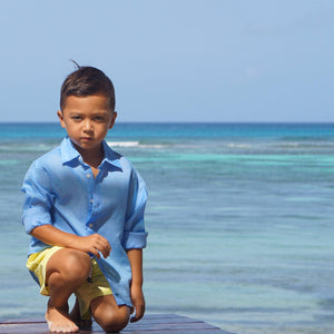Boys blue linen shirts for kids by designer Lotty B Mustique children's beach holiday clothes