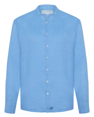 Long Sleeved Mens Collarless Linen Shirt : FRENCH BLUE. Designer Lotty B for Pink House Mustique