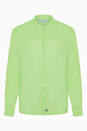 Mens Collarless Linen holiday shirts : Pistachio Green. Designer Lotty B for Pink House Mustique