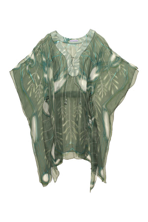 Lotty B Short Kaftan in Chiffon Silk, Egret design (Lichen) Flat