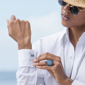 ATELIER SWAROVSKI CUFFLINKS: MUSTIQUE SEA LIFE TURTLE - BLUE designed by Catherine Prevost available at Pink House Mustique
