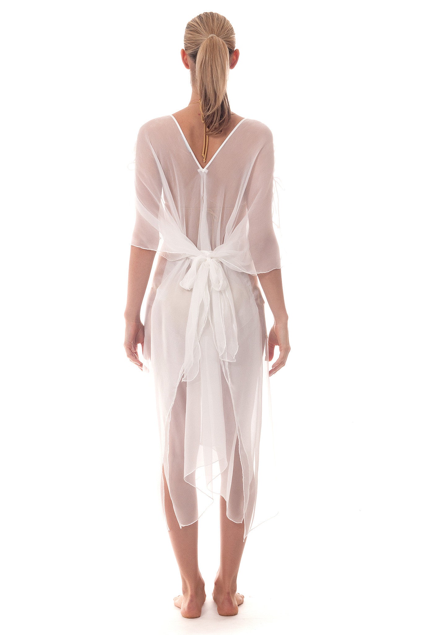Beach bar cover up pure chiffon silk kaftan in classic white by designer Lotty B
