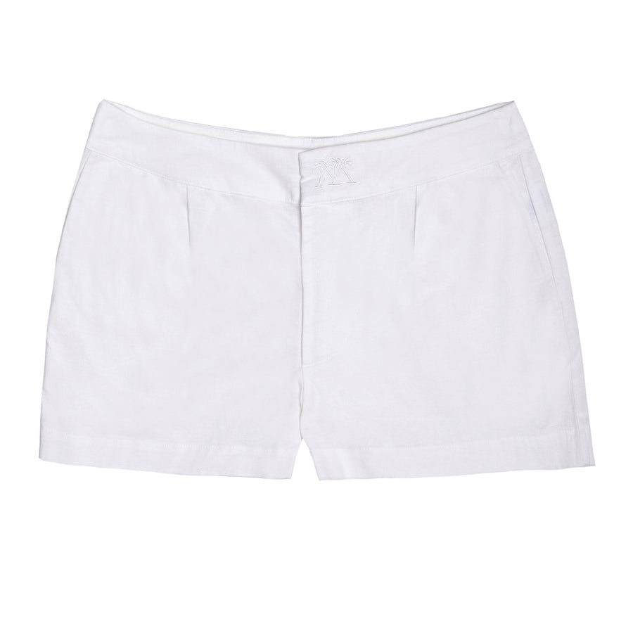 Womens Linen Shorts : CLASSIC WHITE worn with silk crepe-de-chine fan palm blouse designer Lotty B Mustique lifestyle at Basils