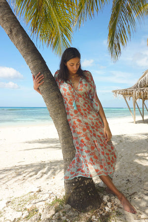 Silk Ellie Kaftan: FLAMBOYANT FLOWER - ORANGE 3/4 length chiffon silk beach wear designer Lotty B Mustique Lagoon Bay