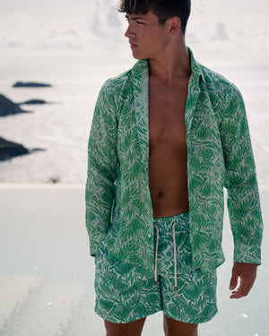 Mens holiday co-ords matching linen shirt & swim shorts by Lotty B Mustique