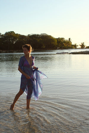 Sunset beach silk kaftan style, Ellie violet & turquiose blue Protea print by Lotty B Mustique