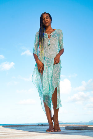 Designer vacation style in sage green and white Protea design by Lotty B Mustique