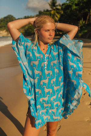 Caribbean beach cover up in blue & green Lurcher dog design by Lotty B Mustique
