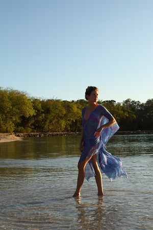 Caribbean holiday silk kaftan style, Ellie violet & turquiose blue Protea print by Lotty B Mustique