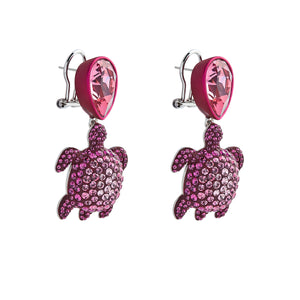 Drop earrings - Swarovski Crystal in Burgundy; pink lacquer; palladium plating; brass; pierced clip back closure; designed by Catherine Prevost for Atelier Swarovski