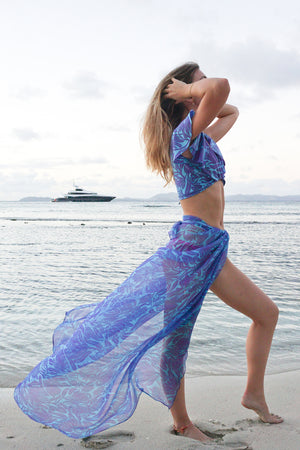 Luxury silk resortwear violet & blue Protea print by designer Lotty B Mustique