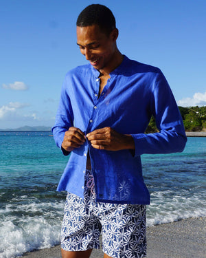Nehru collar linen shirt in DAZZLING BLUE by designer Lotty B Mustique for Pink House resortwear