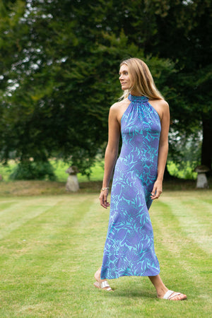 slinky silk Dena dress in violet & turquoise blue Protea print by Lotty B Mustique 
