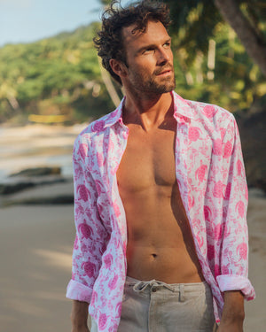 Men's beach style linen vacation shirt in pink Turtle print by designer Lotty B Mustique