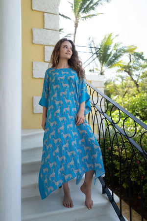 Designer silk maxi dress kaftan in Lurcher green & blue print designer Lotty B Mustique