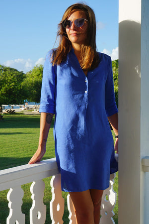 Linen Decima Dress in dazzling blue, designer Lotty B Mustique Resort wear