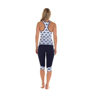 Sports Racer Back Top back : FAN PALM NAVY worn with matching leggings designed by Lotty B Mustique