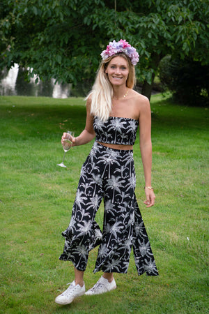 Fesitval style silk palazzo pants wear with stretch bandeau top in matching tropical Plantation print