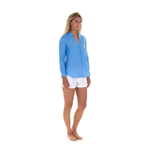 Womens Linen Shorts : CLASSIC WHITE worn with french blue linen blouse designer Lotty B Mustique
