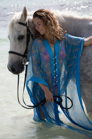Horse back riding Mustique island style - long chiffon silk Jade poncho in Lurcher green blue