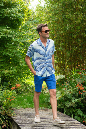 Lotty B tropical silk holiday shirt in Banana print in brilliant blues