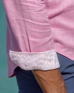 Mens Linen Shirt: FUCHSIA PINK, cuff detail