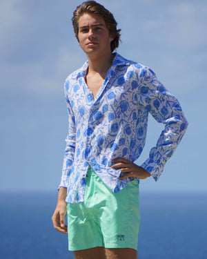 Island style mens linen shirt in Pomegranate blue print by designer Lotty B