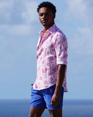 Caribbean style mens linen shirt in Pomegranate pink print by designer Lotty B