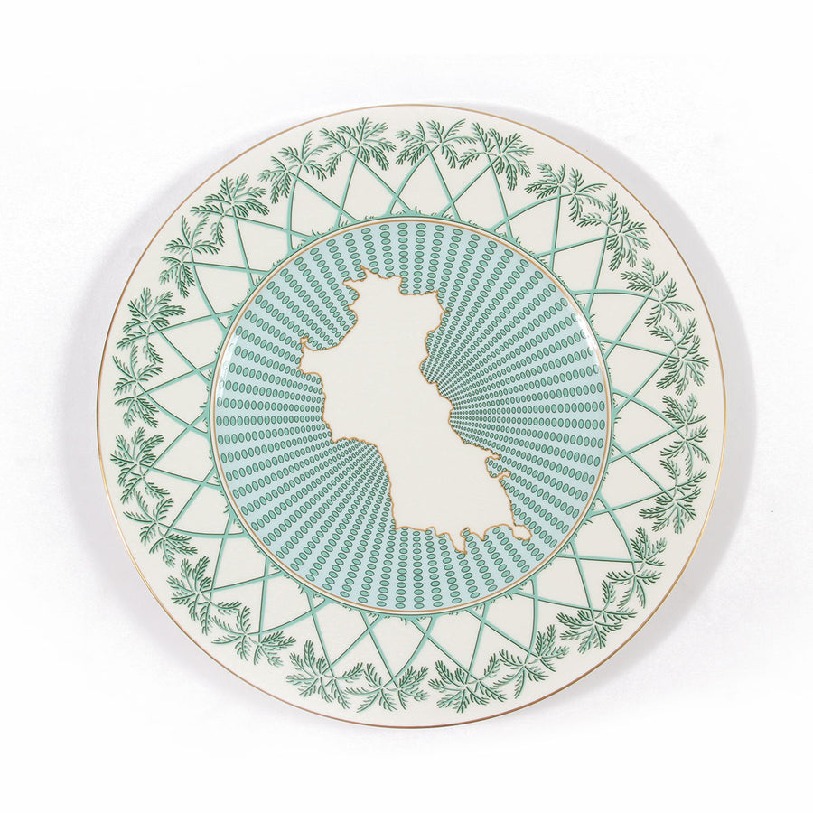 Fine Bone China decorative charger plate set (12 pieces) in Mustique Island green design by Lotty B