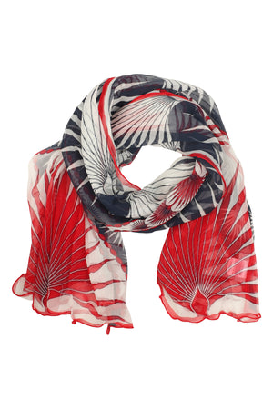 Sarong in Silk Chiffon: FAN PALM - NAVY / RED scarf