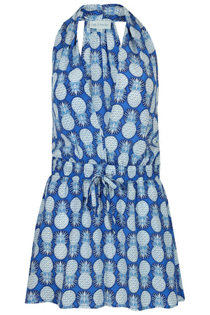 Lotty B Short Halter Neck Dress in Silk Crepe-de-Chine: PINEAPPLE - BLUE front