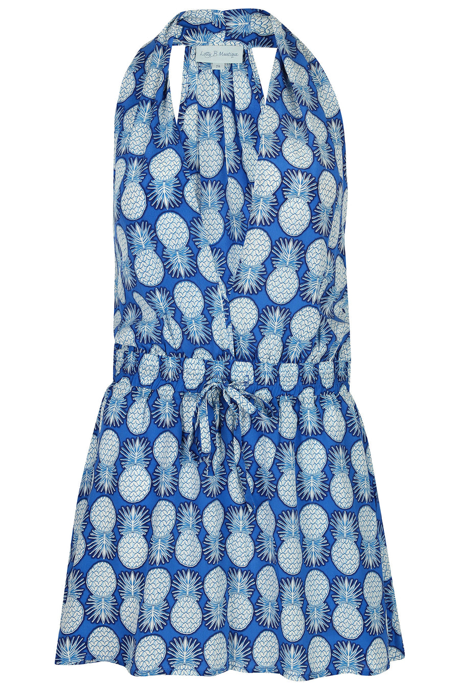 Lotty B Short Halter Neck Dress in Silk Crepe-de-Chine: PINEAPPLE - BLUE Mustique life Ella Ross